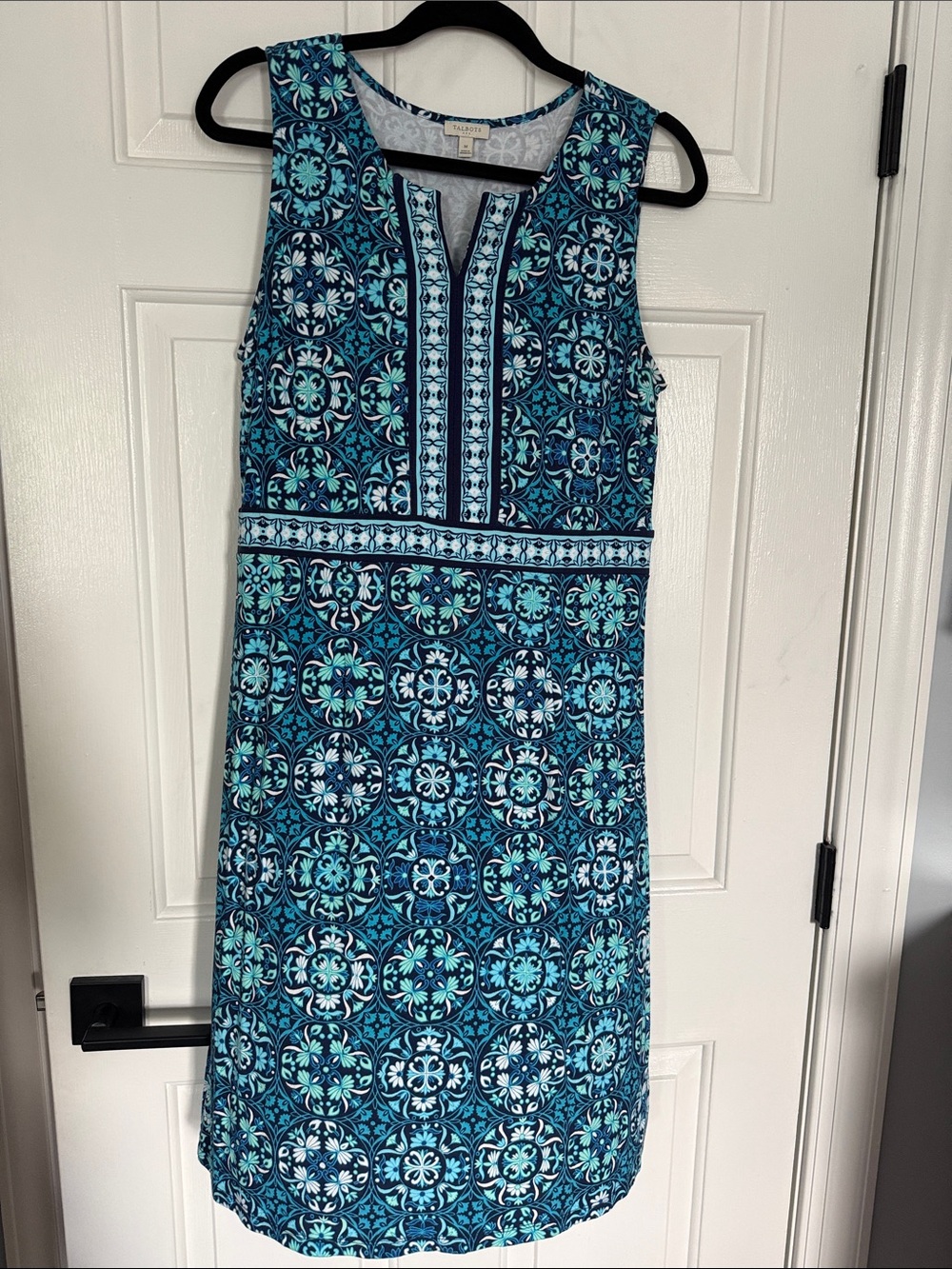Talbots Teal and Navy Tile-Print Sleeveless Shift Dress